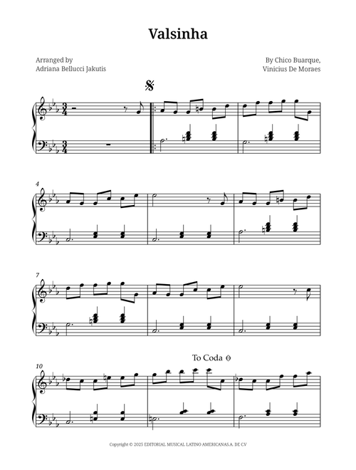 Valsinha (Arr. Adriana Bellucci Jakutis) - Chico Buarque, Vinicius de Moraes (Easy Piano)