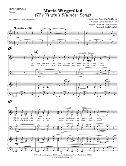 Mariä Wiegenlied (The Virgin’s Slumber Song) (Arr. Paul Campbell / Studio Orchestrations) - Max Reger (Op 76 No 52) (Choral, SATB)