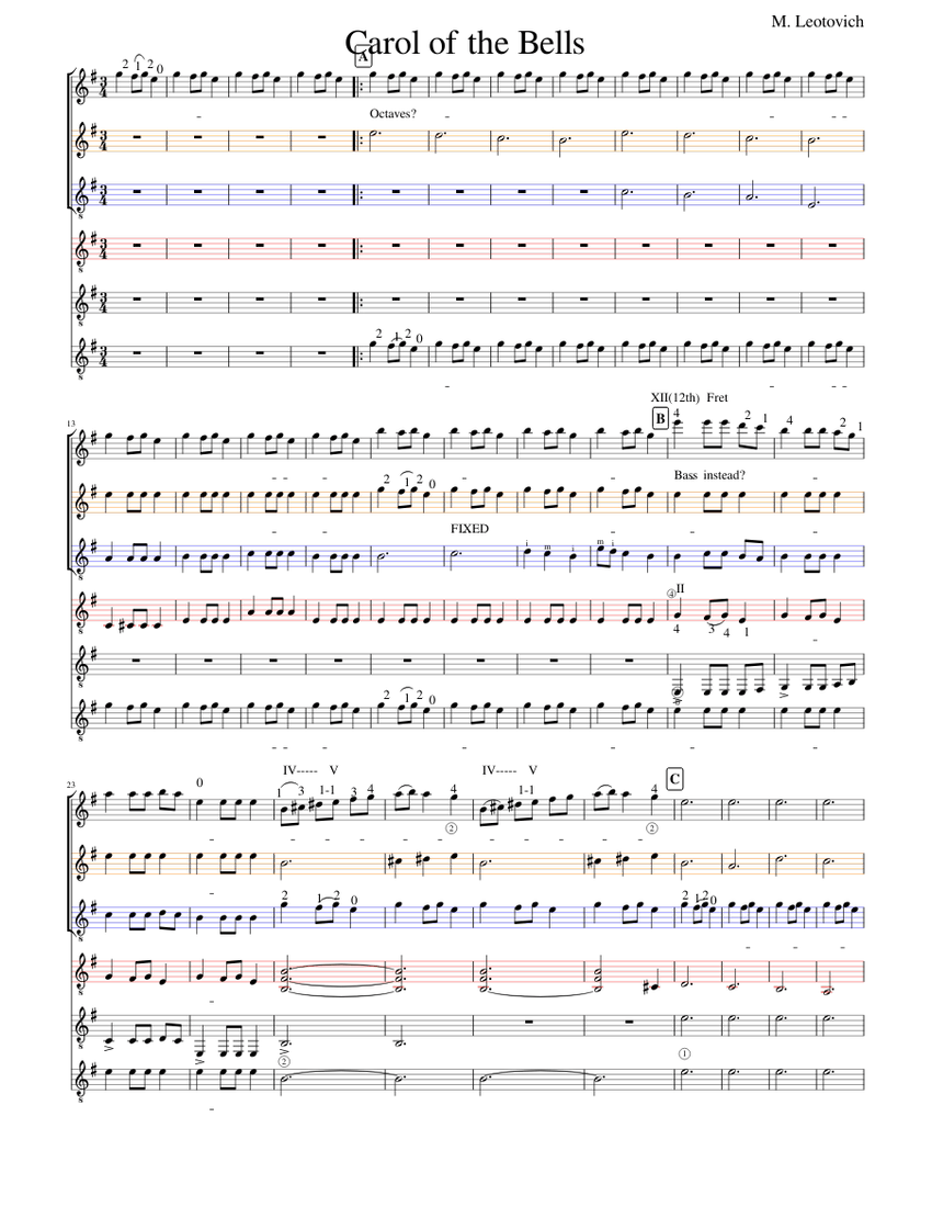 Carol of the Bells Guitar Quintet Sheet music for Soprano, Alto, Tenor ...