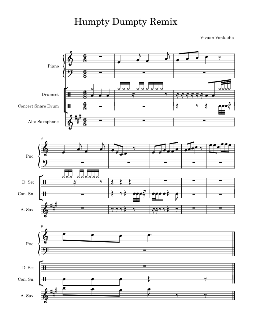 Humpty Dumpty Remix Sheet music for Piano, Saxophone alto, Snare drum