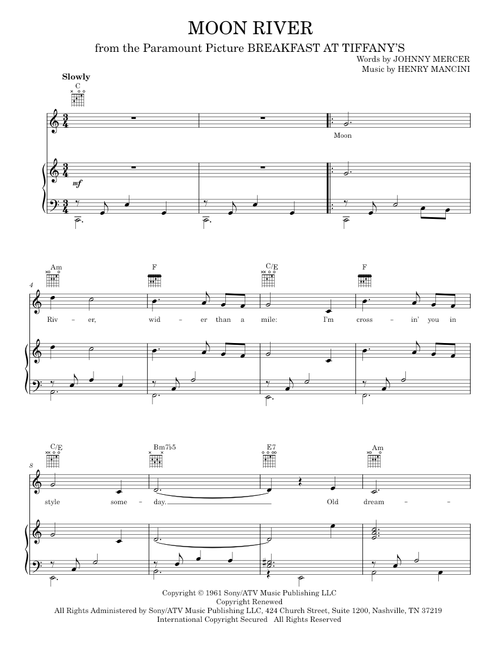 Moon River - Andy Williams, Audrey Hepburn, Frank Sinatra, Henry Mancini (Piano-Vocal-Guitar)