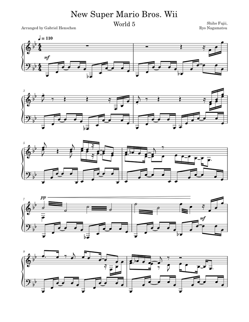 New Super Mario Bros. Wii World 5 Theme Sheet Music for Piano (Solo ...