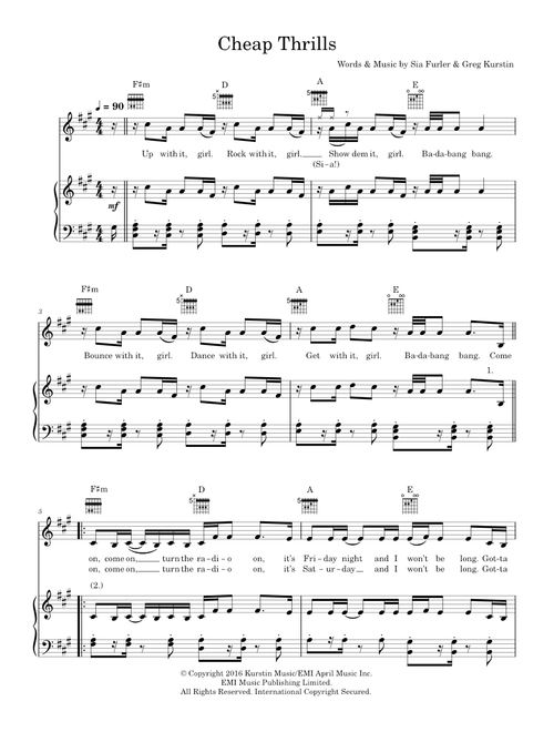 Cheap Thrills - Sia (Piano-Vocal-Guitar (Piano Accompaniment))