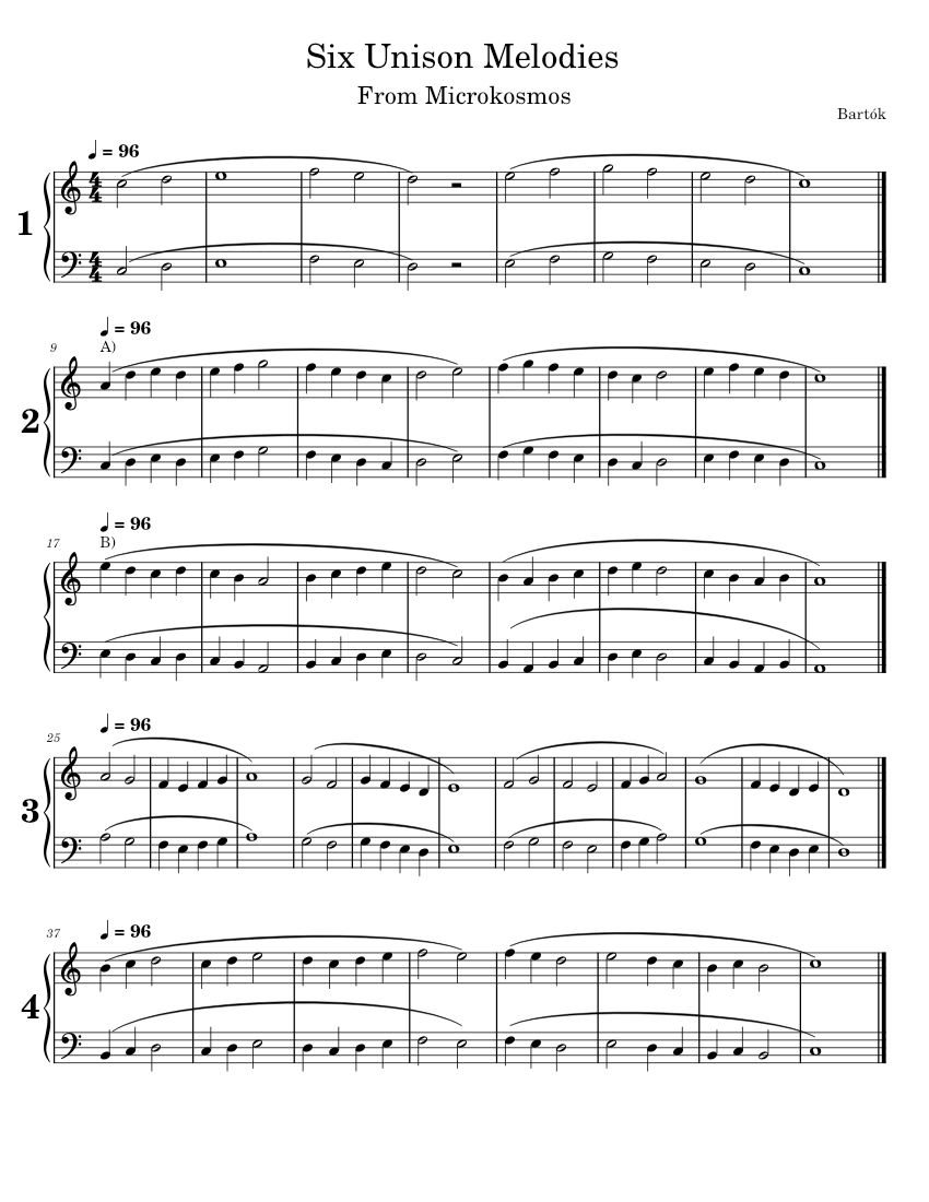 Six Unison Melodies - Bartók Sheet music for Piano (Solo