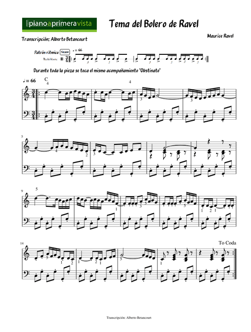 Tema del Bolero de Ravel - PIANO FÁCIL