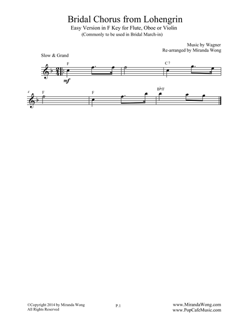 Bridal Chorus (Bridal March) - Easy Version for Flute, Oboe or Violin Solo (Arr. Miranda Wong) - Wagner (Small Ensemble)
