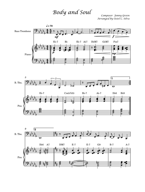 Body and Soul - Jonny Green - Bass Trombone Solo with Piano and Chords (Arr. Oziel C. Silva) (Trombone and Piano)