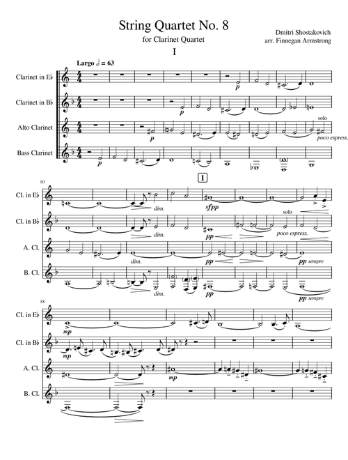 String Quartet No 8, op.110 – Dmitri Shostakovich Movement 1 arranged for Clarinet Quartet