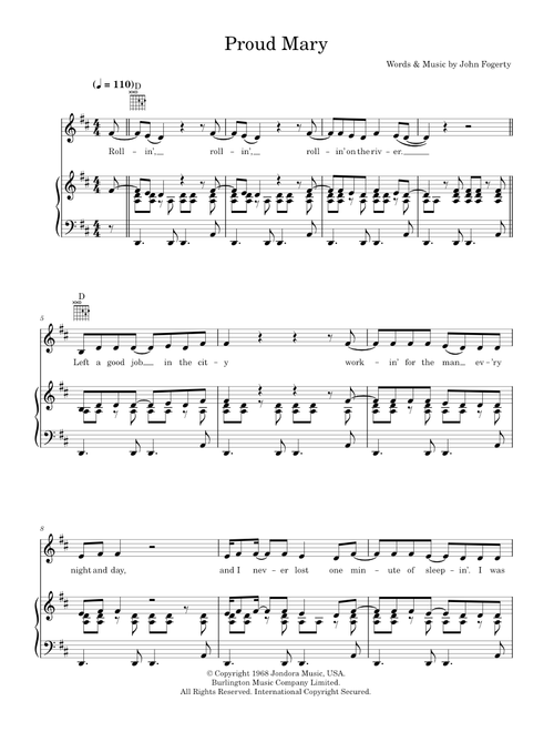 Proud Mary - Creedence Clearwater Revival, Glee TV Series, Glee Cast (Piano-Vocal-Guitar (Piano Accompaniment))