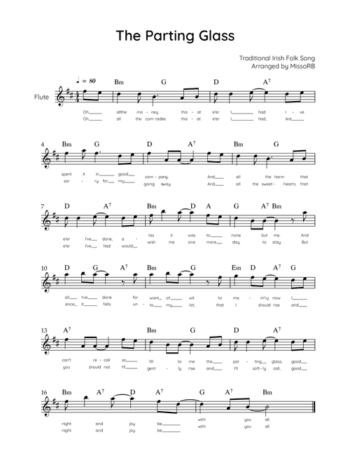 The Parting Glass - Flute in D - Easy With Chords & Lyric (Arr. MissoRB) - Traditional Irish Folk Song (Flute Solo)