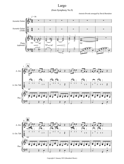 Largo (from the 'New World Symphony') for Guitar and Piano (Arr. David Burndrett) - Antonin Dvorak (Solo Guitar)