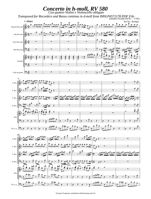Vivaldi, A. _ Concerto Op.3 No.10 h-moll, RV 580 [4 Rec, BC]