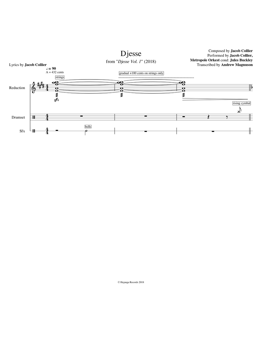 Djesse Sheet Music for Piano, Contrabass, Timpani, Snare