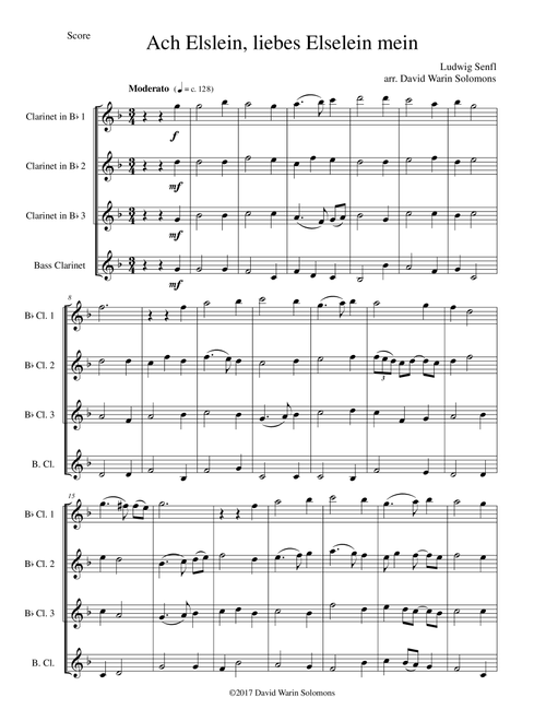 Ach Elslein, liebes Elselein mein for clarinet quartet (3 B flats and 1 bass) (Arr. David Warin Solomons) - Ludwig Senfl (Woodwind Ensemble)