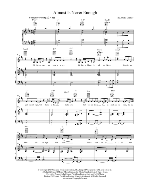 Almost Is Never Enough (Arr. Alan Díaz) - Ariana Grande Featuring Nathan Skykes (Piano-Vocal-Guitar (Piano Accompaniment))