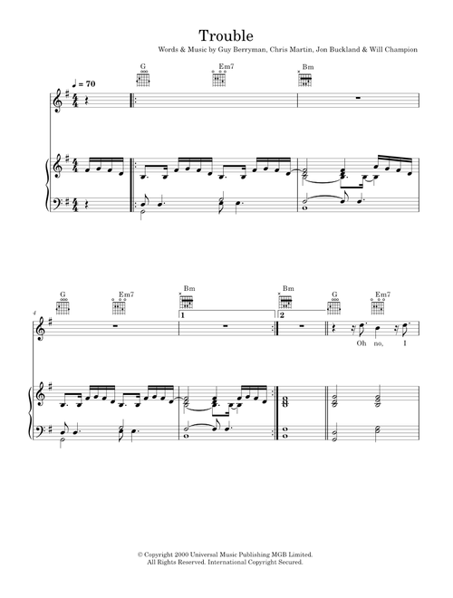 Trouble - Coldplay (Piano-Vocal-Guitar (Piano Accompaniment))