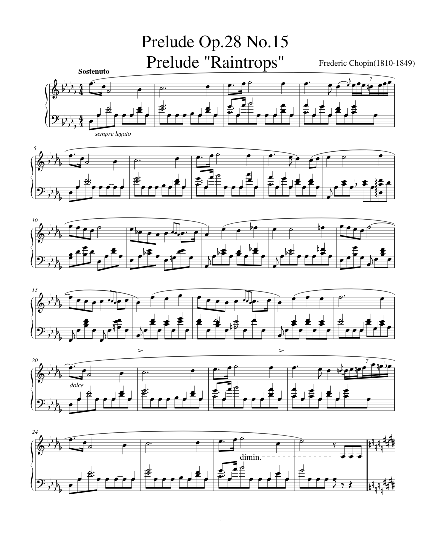 Frederic Chopin Prelude Op.28 No.15 "Raindrop" Sheet music for Piano