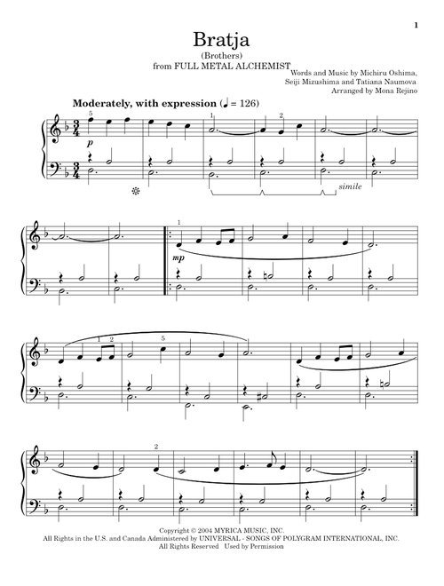 Bratja (Brothers) (from Full Metal Alchemist) (arr. Mona Rejino) - Michiru Oshima, Seiji Mizushima and Tatiana Naumova, Michiru Oshima, Seiji Mizushima (Educational Piano)