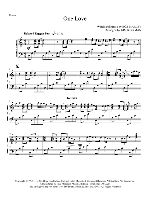 One Love (Arr. Kim Kirkman) - Bob Marley (Piano Solo)