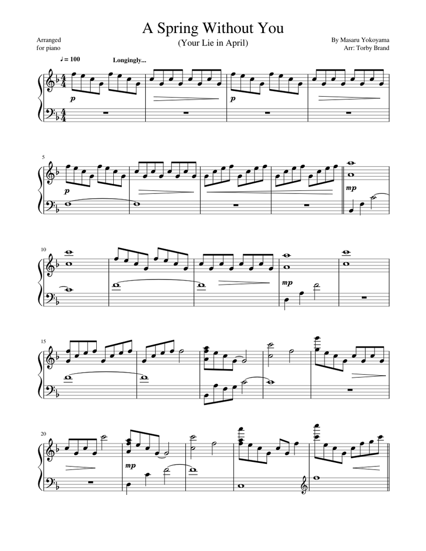 A Spring Without You (Your Lie in April) Sheet music for Piano (Solo