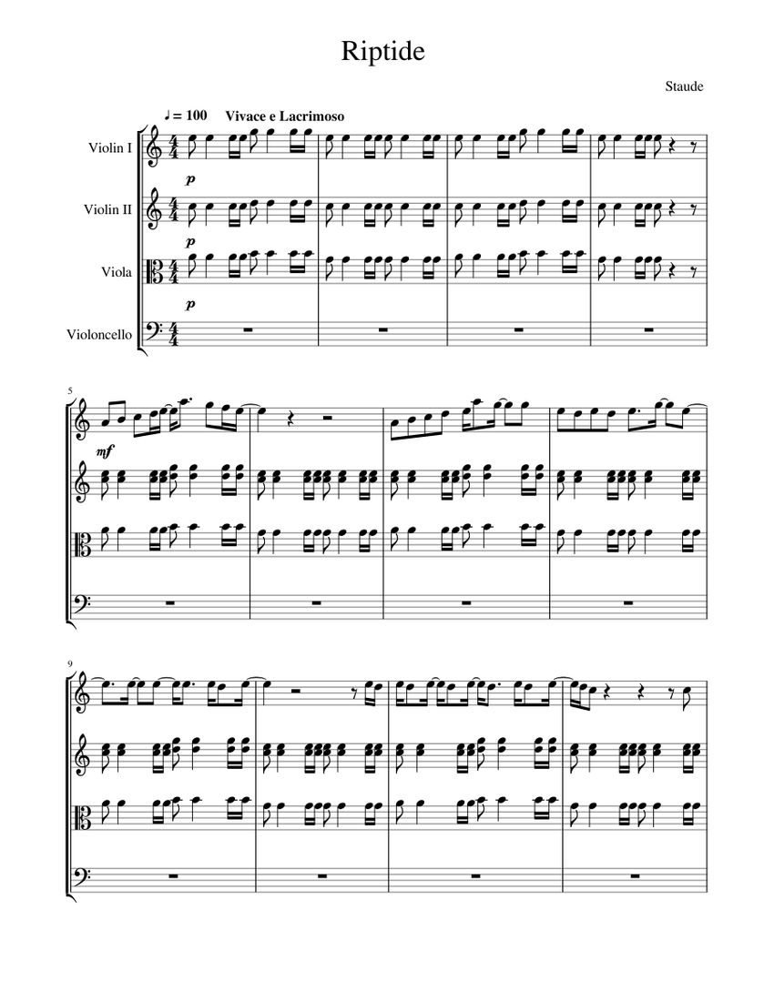 Riptide Sheet music for Violin, Viola, Cello (String Quartet