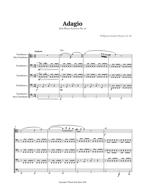 Andante from Piano Concerto No. 21 by Mozart for Trombone Quintet (Arr. Ander) (Brass Ensemble)
