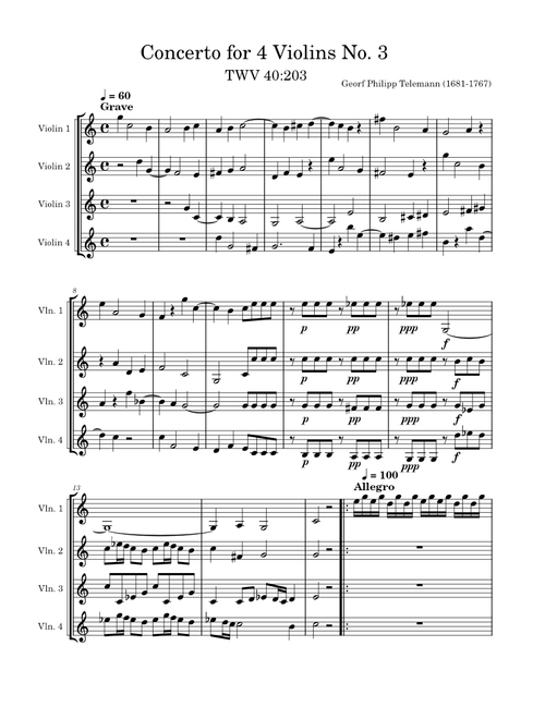Telemann - Concerto for 4 Violins No. 3