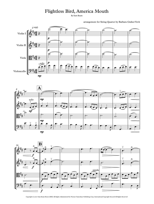 Flightless Bird, American Mouth (Arr. Barbara Grahor Vovk) - Iron & Wine (String Quartet)