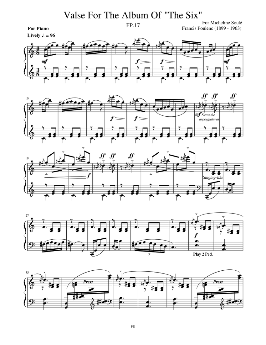 Poulenc (1899 - 1963) - Valse FP.17 Sheet Music for Piano (Solo