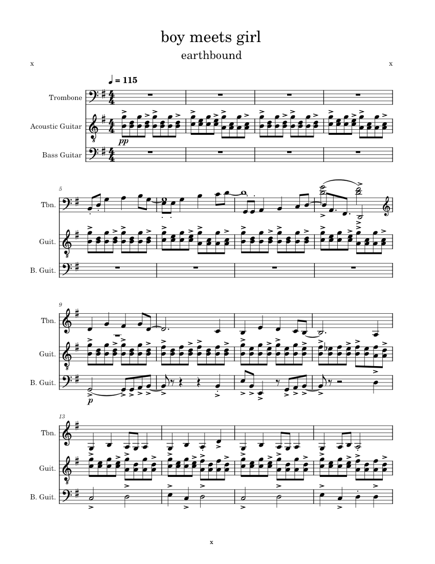 Boy Meets Girl, from EarthBound OST Sheet Music for Trombone, Guitar ...