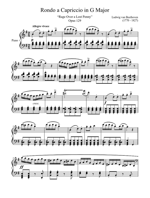 Rondo a Capriccio Opus 129 in G Major, “Rage Over a Lost Penny”