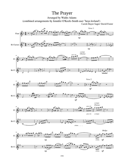 The Prayer – David Foster The Prayer for Flute and Bb Clarinet