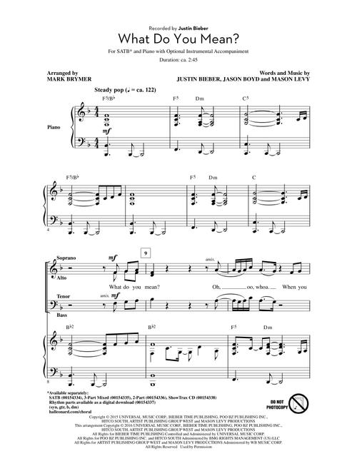 What Do You Mean? (Arr. Mark Brymer) - Justin Bieber (Choral, SATB)