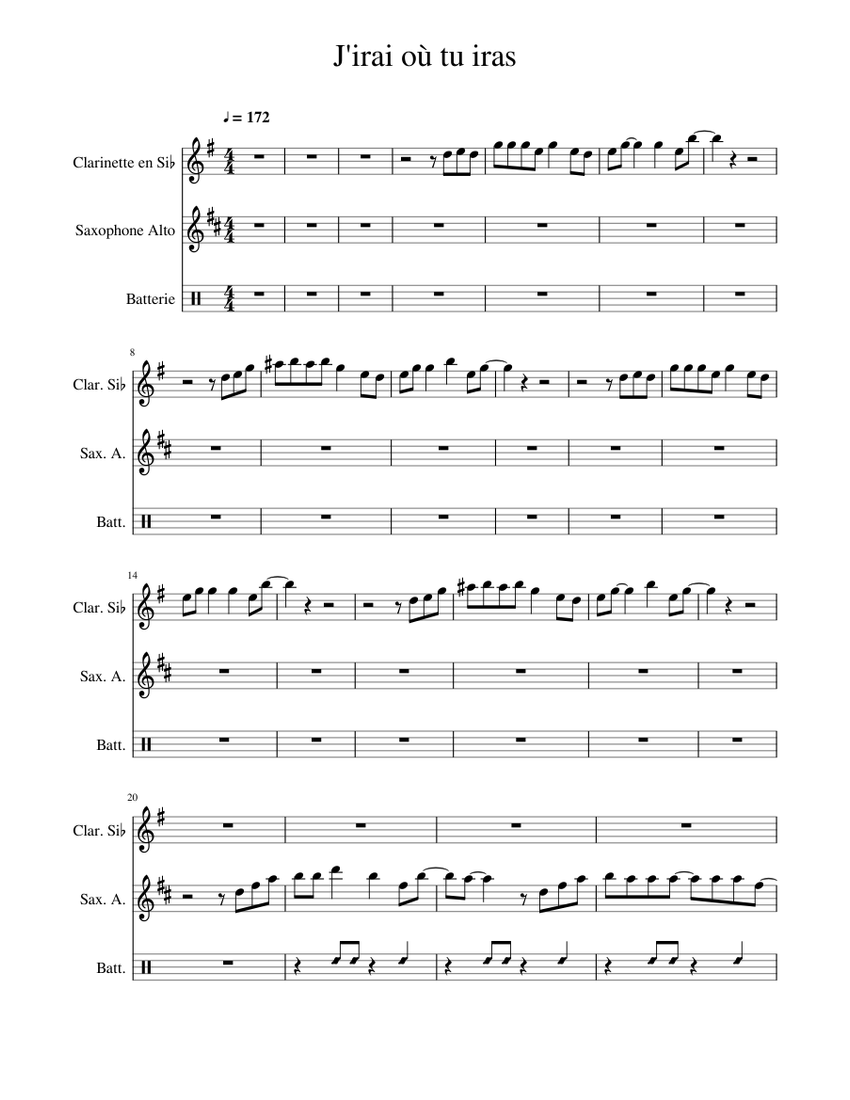 J Irai Ou Tu Iras Partition Pdf J'irai où tu iras Sheet music for Clarinet in b-flat, Saxophone alto, Drum  group (Mixed Trio) | Musescore.com
