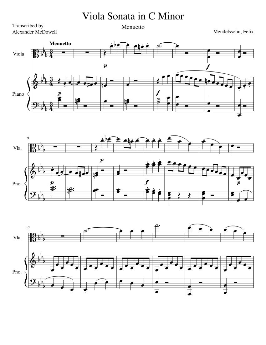 Viola Sonata in C Minor - Menuetto Sheet Music for Piano, Viola (Solo ...