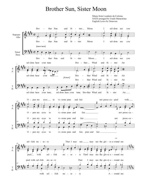 Brother Sun, Sister Moon (Arr. Guido Menestrina) - Donovan (Choral, SATB)