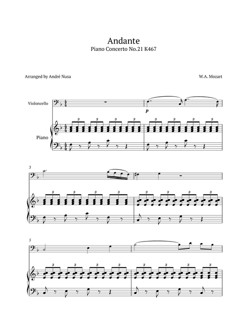 Piano Concerto No.21 Andante (Arr. André Nusa) - WA Mozart (Cello and Piano)