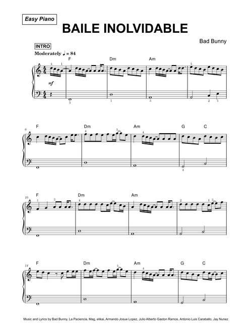 BAILE INoLVIDABLE - Bad Bunny (Easy Piano)