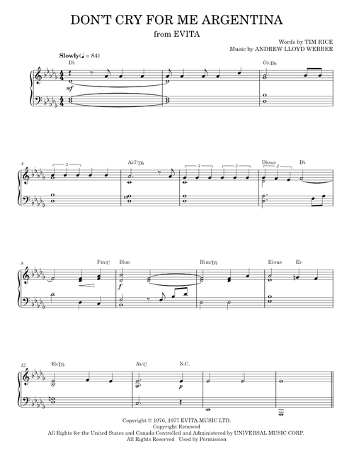Don't Cry For Me Argentina - Festival, Madonna (Piano Vocal)