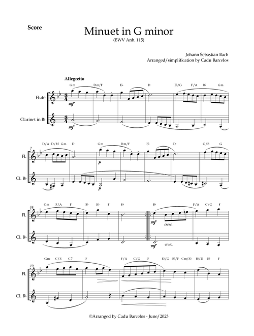 Minuet in G minor BWV anh 115 (Bach) Flute and Clarinet Chords (Arr. Cadu Barcelos) - Johann Sebastian Bach (Instrumental Duet)