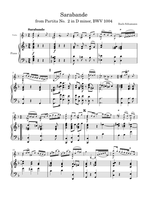 Sarabande (Sarabanda) from Partita No. 2 BWV 1004 by Bach-Schumann for Violin and Piano