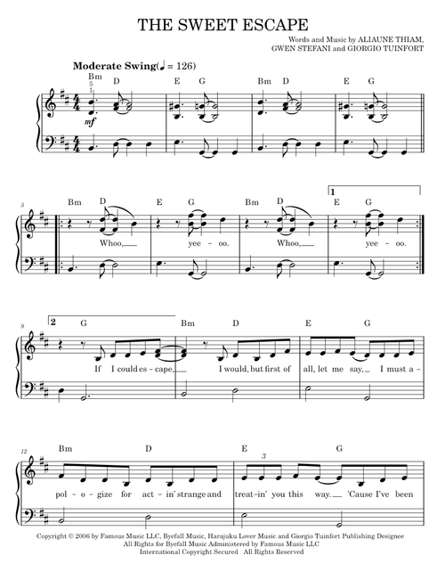 The Sweet Escape - Akon, Gwen Stefani, Gwen Stefani featuring Akon (Easy Piano)