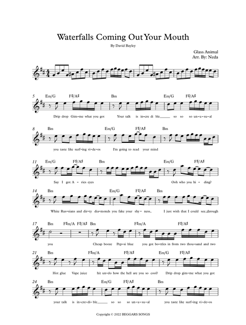 Waterfalls Coming Out Of Your Mouth (Arr. Arr. Neda) - Glass Animals (Lead Sheet - Fake Book)