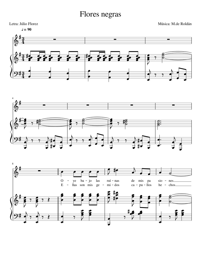 Flores negras/ Pasillo/ Júlio Flores y  Rolando Vivas Sheet music for  Piano, Vocals (Piano-Voice) 