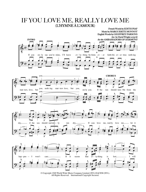 If You Love Me Really Love Me (hymne A L'amour) (Arr. David Wright) - Kaye Starr (Choral, TTBB)