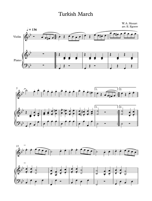 Turkish March, Wolfgang Amadeus Mozart, For Violin & Piano (Arr. Eugene Egorov) (Violin and Piano)