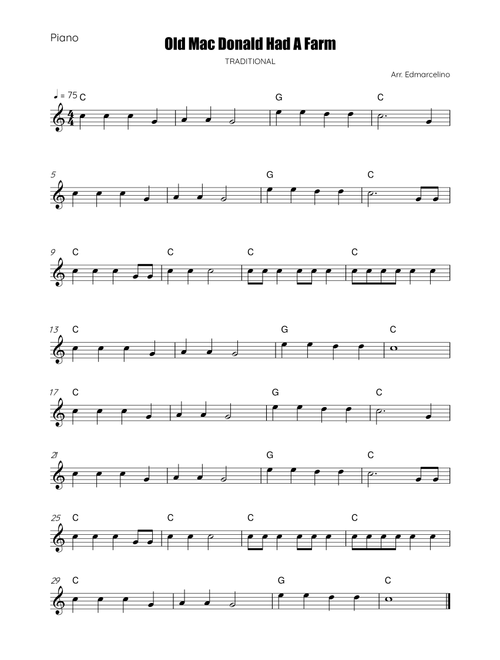 Old Mac Donald Had A Farm - Sheet Music to  Piano Beginners (Arr. Edmarcelino) - Traditional (Easy Piano)