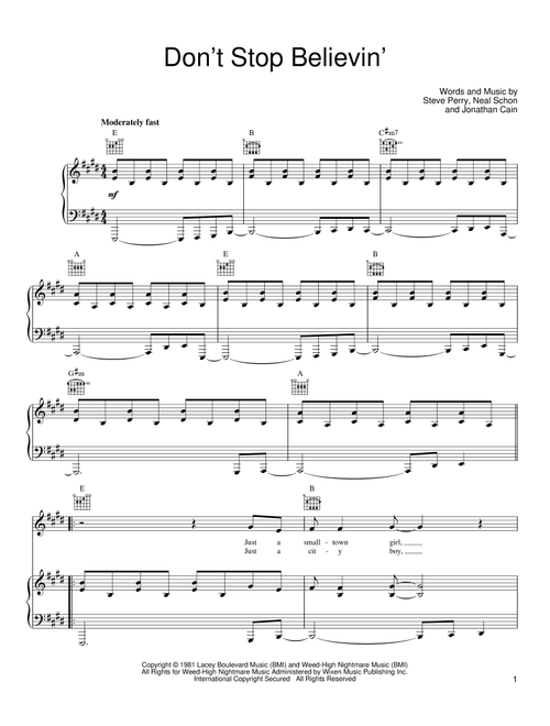 Don't Stop Believin' - Journey, Steve Perry, Glee (TV Series) (Piano-Vocal-Guitar)