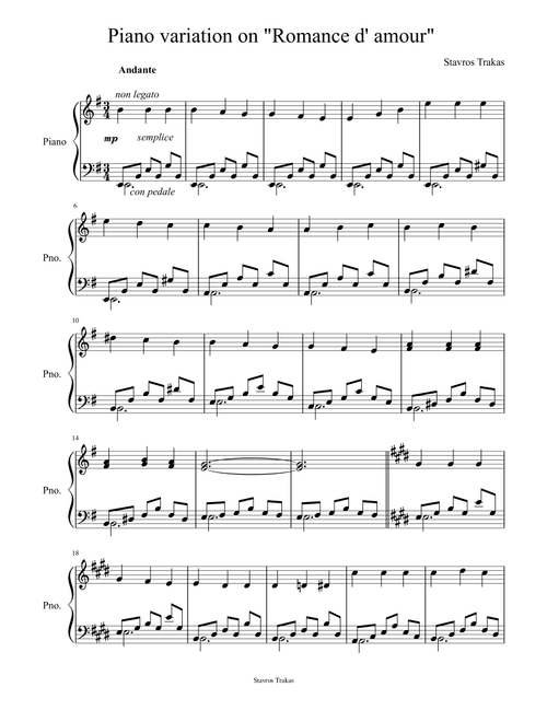Piano variation on "Romance d' Amour" aka Jeux interdits (Arr. Stavros Trakas) - Unknown (Easy Piano)