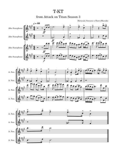Attack on Titan – Hiroyuki Sawano T-KT for alto sax quartet?